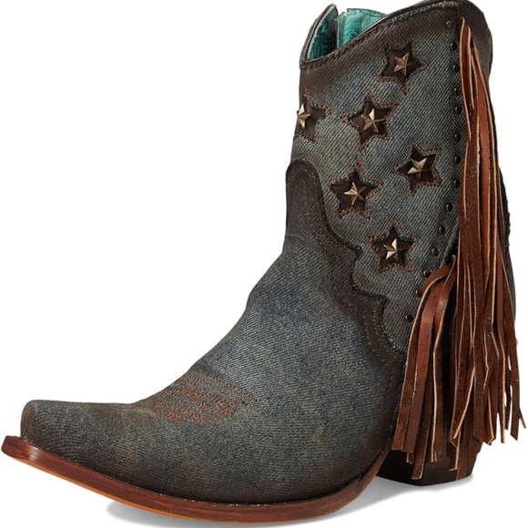 Corral Boots Women's Ankle Boot denim inlay & embroidery & star studs & fringes - Picture 5 of 14